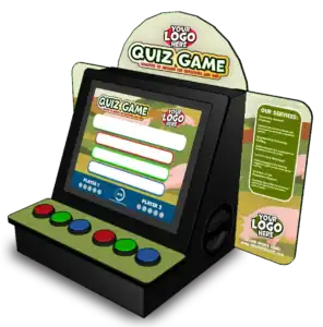 Quiz game arcade style with customizable logo and interactive screen for educational activities in agriculture settings.