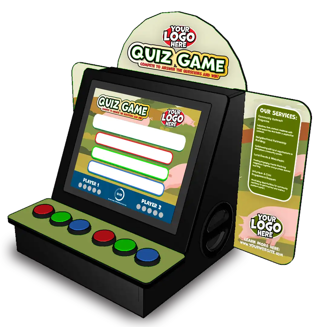 Quiz game arcade style with customizable logo and interactive screen for educational activities in agriculture settings.