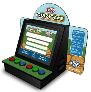 Quiz game arcade machine with customizable logo on digital screen.