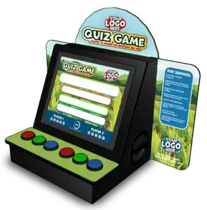 Quiz game kiosk with customizable logo on interactive touchscreen for educational activities.