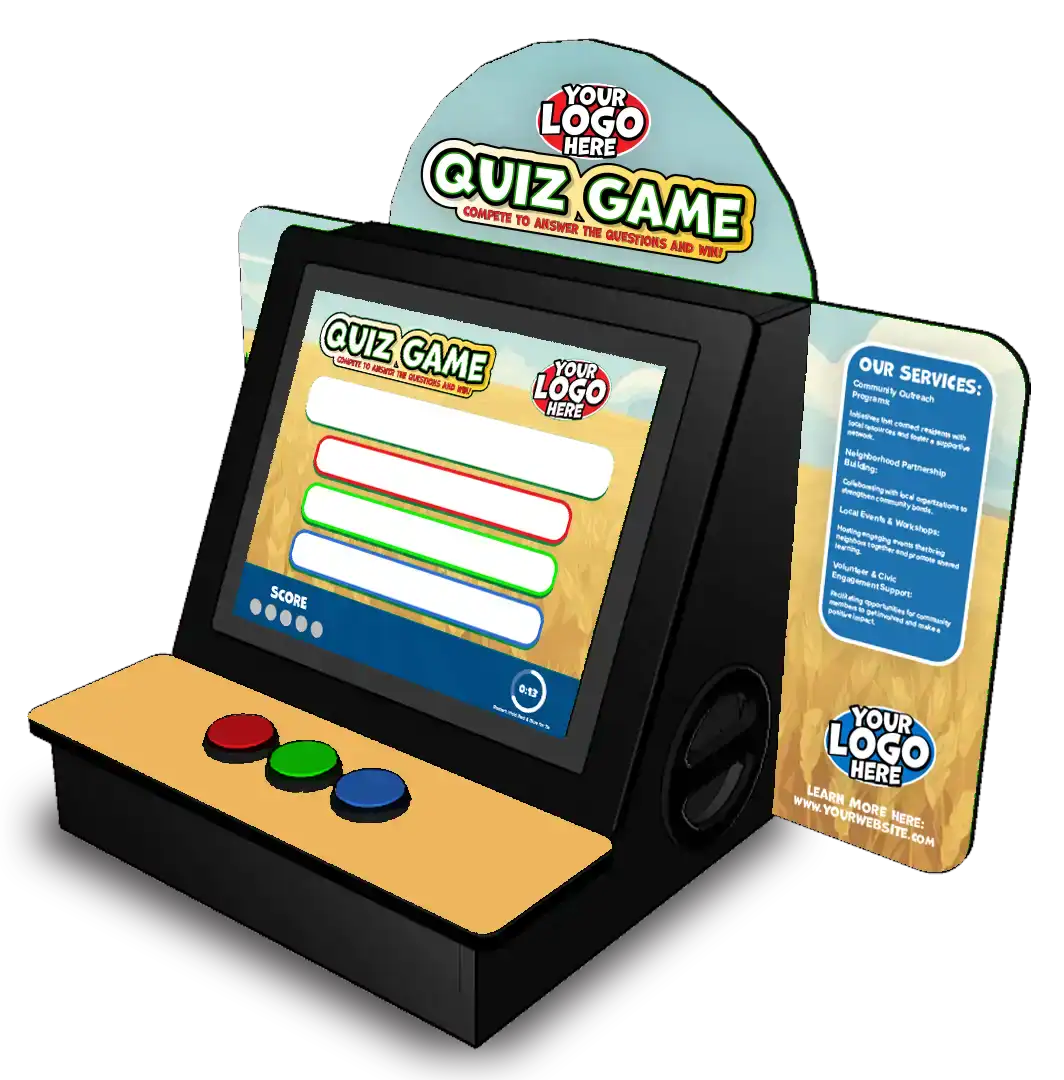 Interactive quiz game kiosk for agriculture education and community engagement.